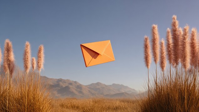 Orange envelope floats, pampas grass, mountains, sunset, communication - Powered by Adobe
