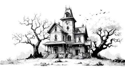 Line art haunted house with crooked windows isolated on white background