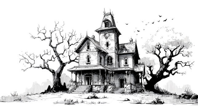 Line art haunted house with crooked windows isolated on white background