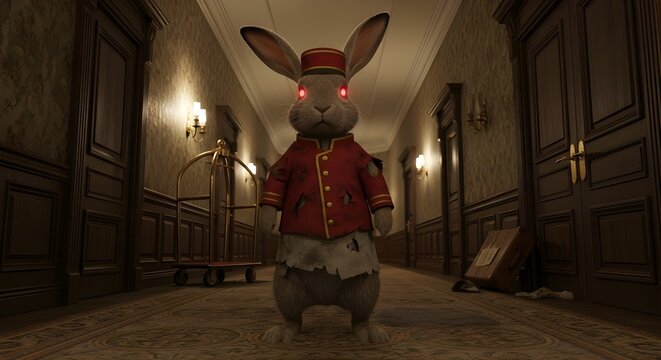 Rabbit in Hotel Corridor with Glowing Eyes and Distressed Clothing - Surreal Horror Illustration