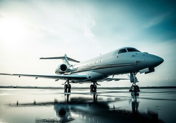 Obraz premium A sleek private jet parked on a wet tarmac with a dramatic sky in the background reflecting on the surface