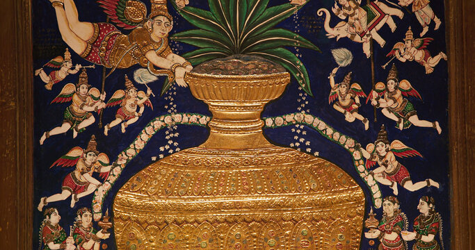 Amrita Kalasha -pot Of Nectar-. Pot Of Eternity Depicted In Painting Represents Puranic Story Of Garudas Victory Over Indra, King Of The Gods, And Restoration Of Amrit Kalasha. Refers To full Vessel