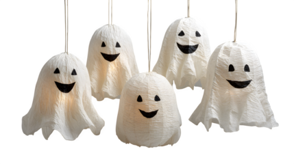 Group of 5 ghost paper lanterns, isolated on white background