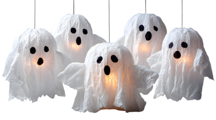 Group of 5 ghost paper lanterns, isolated on white background