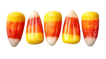 Collection of 5 candy corn pieces, isolated on white background