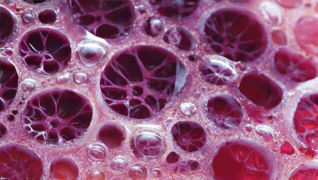 Pink porous texture closeup; bubbles, abstract background; science, design