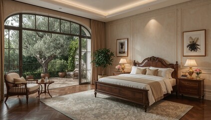 Elegant Italian-Inspired Vintage Bedroom with Carved Wooden Bed and Garden View