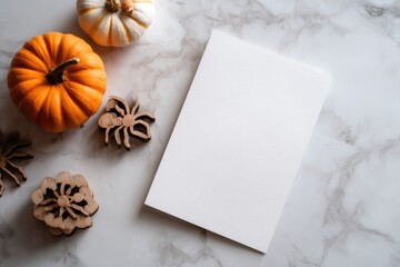 Autumn flat lay composition with mini pumpkins star anise and blank card.