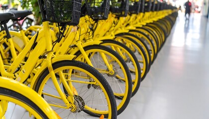 A vibrant row of bright yellow public bicycles parked for convenient shared mobility
