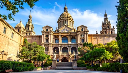 Fototapeta premium A grand, ornate building complex, bathed in sunlight, showcasing architectural details and a lush garden setting.
