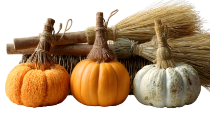 Trio of witch broomsticks with pumpkins, isolated on white background