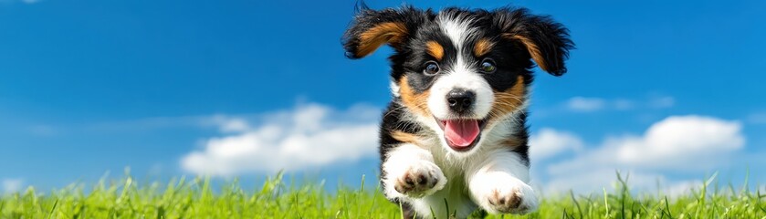 A playful puppy joyfully runs across bright green grass under a blue sky, embodying happiness and energy.