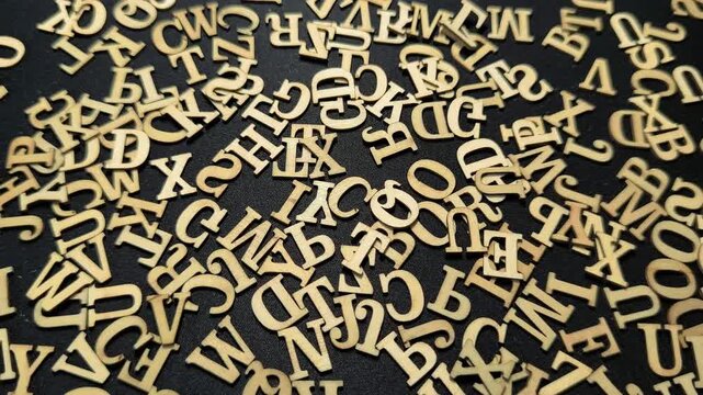 A pile of small wooden alphabet letters randomly scattered across a dark textured background, symbolizing creativity and learning.