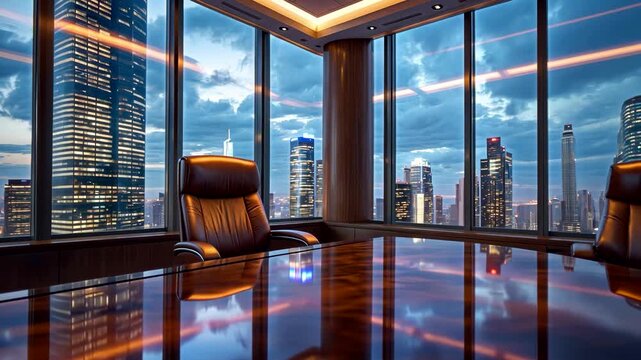 Luxury Executive Office with Panoramic City Skyline View and Polished Wooden Meeting Table