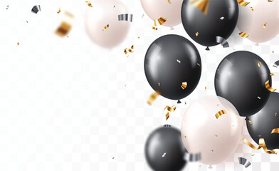 Beautiful black and white or silver balloons with confetti for invitation cards, celebration banner
