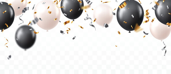 Beautiful black and white or silver balloons with confetti for invitation cards, celebration banner