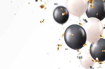 Beautiful black and white or silver balloons with confetti for invitation cards, celebration banner