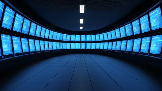 Wide panoramic shot of cybersecurity blue team operations center with glowing monitors and digital maps.