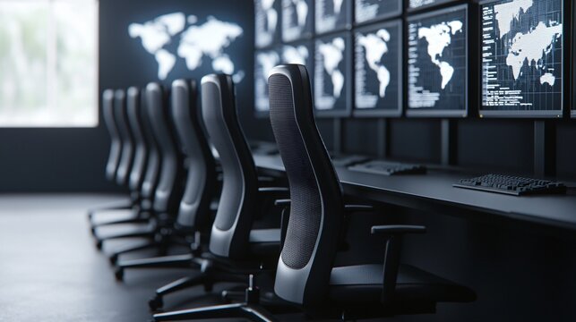 Wide panoramic shot of cybersecurity blue team operations center with glowing monitors and digital maps.