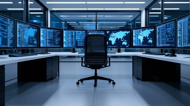 Wide panoramic shot of cybersecurity blue team operations center with glowing monitors and digital maps.