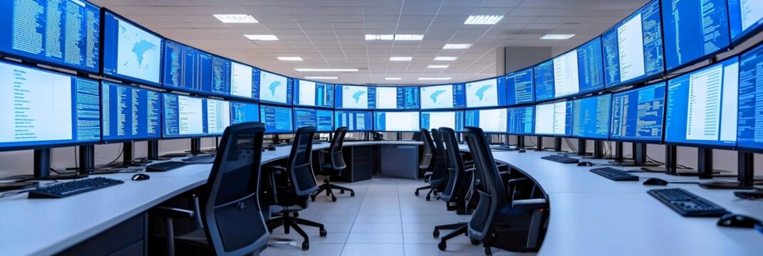 Wide panoramic shot of cybersecurity blue team operations center with glowing monitors and digital maps.