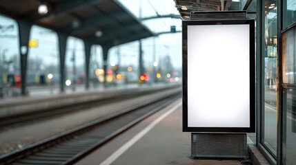 Blank billboard lightbox at empty train station platform with blurred tracks and city background, template for outdoor advertising, marketing and design