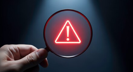 Hand holding magnifying glass showing a red warning sign on a dark background