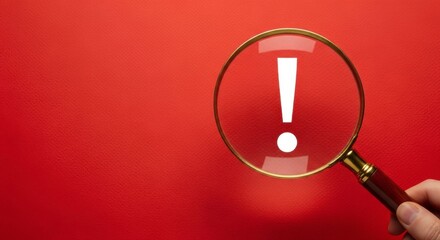 A hand holding a magnifying glass over an exclamation mark on a red background