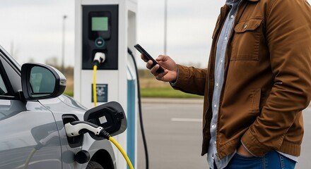 Man uses smartphone while charging electric car at modern station