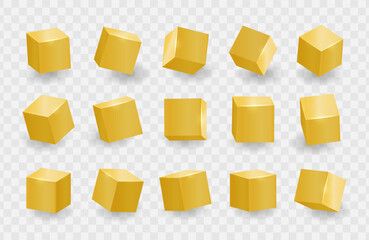Gold shiny 3D cubes pack isolated on transparent background. Different light, perspective and angle. Vector illustration