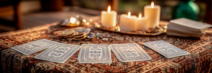 Mystical tarot card reading setup with candles and gemstones
