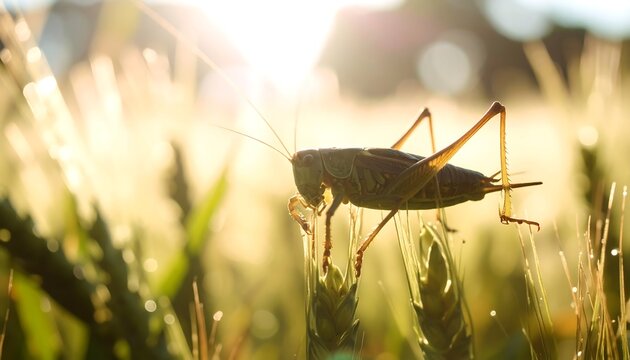 A grasshopper perched on wheat stalks, backlit by a bright sun, creating a warm, bokeh effect