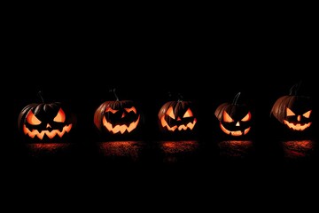 Five Spooky Jack O Lanterns Glowing in the Dark Halloween Night.
