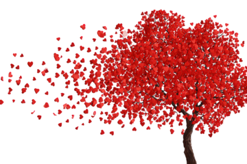 Red Heart Tree Dispersing Petals on Black Background