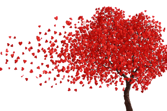 Red Heart Tree Dispersing Petals on Black Background