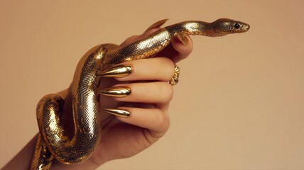 金色の蛇を持つ手のクローズアップ。ファッションやアクセサリーのイメージ素材。