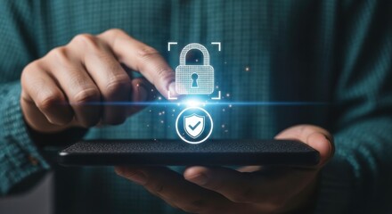 Hands holding a device with a digital padlock and shield security overlayed on it