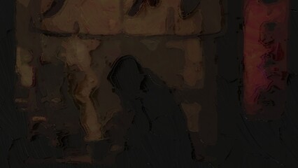 Dark abstract oil painting with textured brush strokes and red accent detail