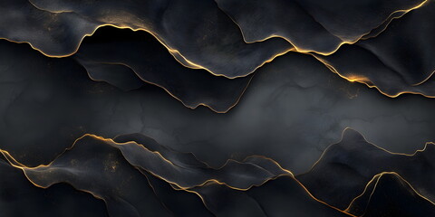 Luxurious abstract background with black textured waves and elegant gold lines. Modern fluid art wallpaper design with metallic details