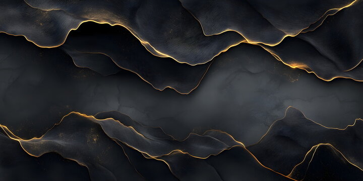 Luxurious abstract background with black textured waves and elegant gold lines. Modern fluid art wallpaper design with metallic details