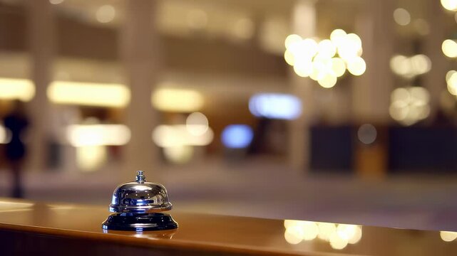 Shiny service bell on hotel reception desk with blurred luxury lobby lights in background
