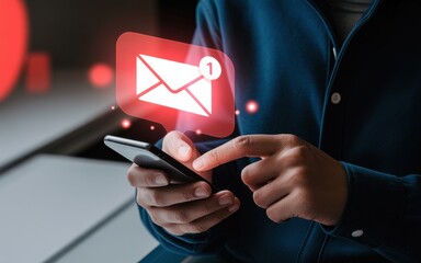 Businessman holding a smartphone with a glowing red notification icon for a new email or message. Concept of digital communication and connectivity