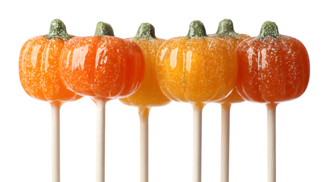 Set of 5 pumpkin lollipops, isolated on white background