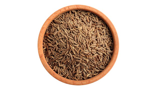 Round wooden bowl filled with cumin seeds