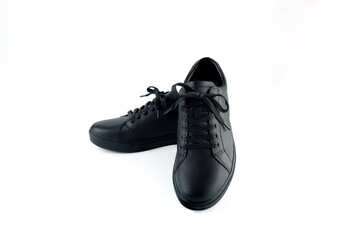 black leather shoes with laces on a white background, stylish casual footwear for men or women, isolated product image for fashion and apparel , men business shoes, casual , stylish leather heel shoes