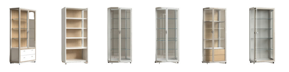 Multiple light-colored display cabinets with glass doors and shelves