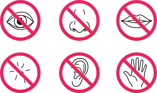 Set of icons representing prohibition of senses: sight, smell, taste, sound, hearing, and touch.