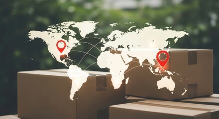 Cardboard boxes with world map overlay and red location pins on a blurred background