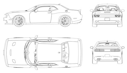 Detailed blueprint of a car with clean white background, showcasing precise car contour lines and technical design details. Vector illustration