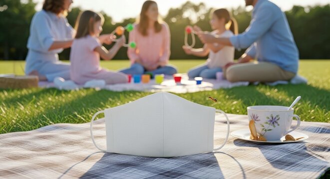 Photorealistic Blank Fabric Face Mask Mockup at a Family Gathering in an Outdoor Park